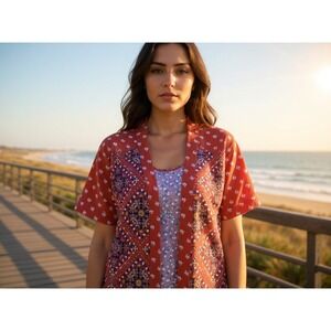 Wonderly Women Red Patterned Kimono Cardigan Open Front Short Sleeve Sz M boho